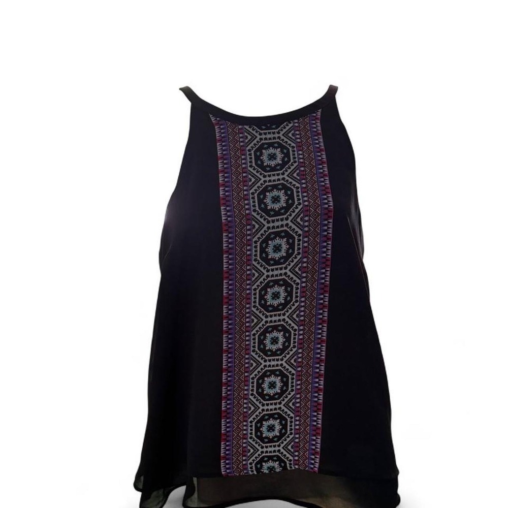 Pale Sky Black Sheer Open Back Halter Top Colorful Geometric Pattern Womens M